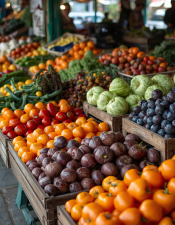 Regionaler Marktstand mit frischem Obst und Gem&uuml;se